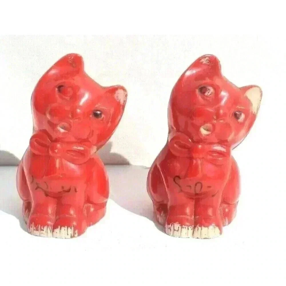 Vintage 1950's Cat Salt & Pepper Shakers Set Kitten Collectible Red Plastic